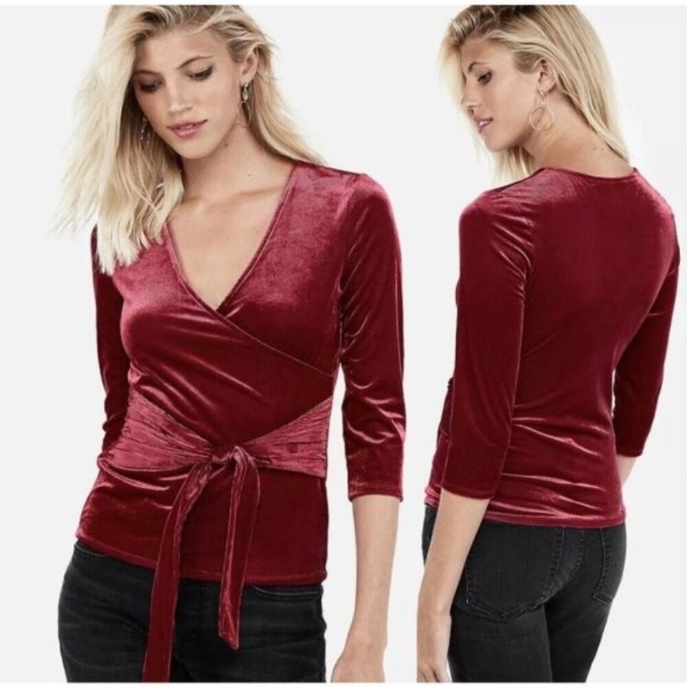 Express Ribbed Velvet Wrap Front Top M